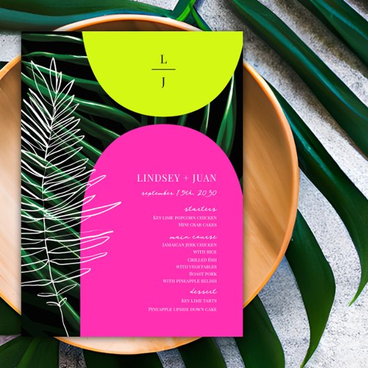 Menu Mariage de monogramme en feuilles de palmier en né