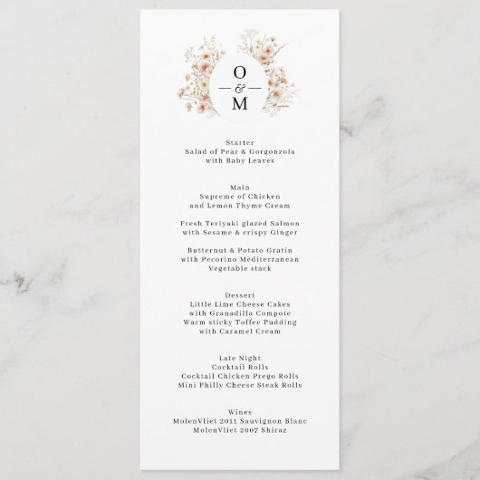 Menu Mariage de monogramme Fleur sauvage de Bohême (Devant)