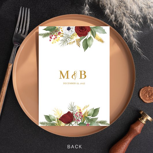 Menu Mariage de monogramme floral or rouge gras