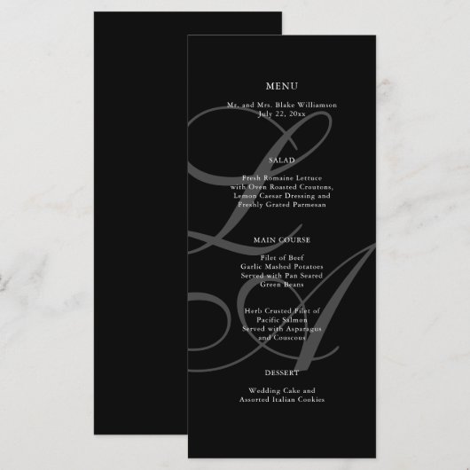 Menu Mariage de Monogramme noir et blanc romantiqu (Devant / Derrière)