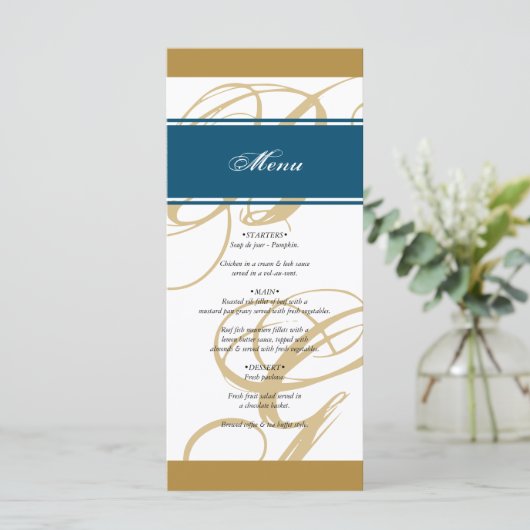 Menu Mariage de monogramme or Blue Elegant (Debout devant)
