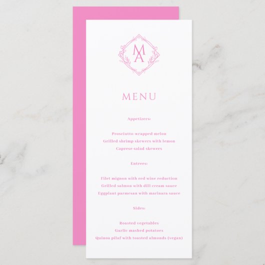 Menu Mariage de monogramme rose diamant (Devant / Derrière)