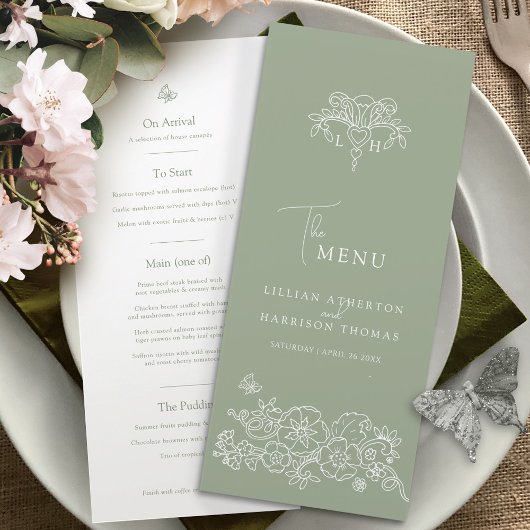 Menu Mariage de monogramme vert Sage fleur de lis