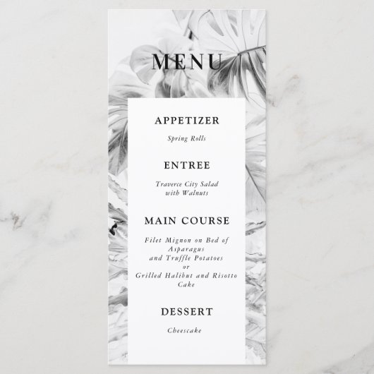 Menu Mariage de Monstera Tropicale Noir Blanc (Devant)