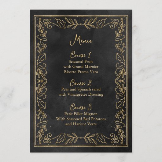 Menu Mariage de Noël Black Gold Holly Berry (Devant)