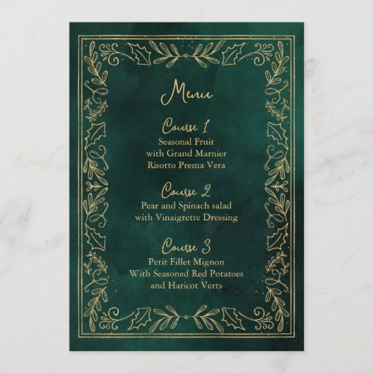 Menu Mariage de Noël Green Gold Holly Berry (Devant)