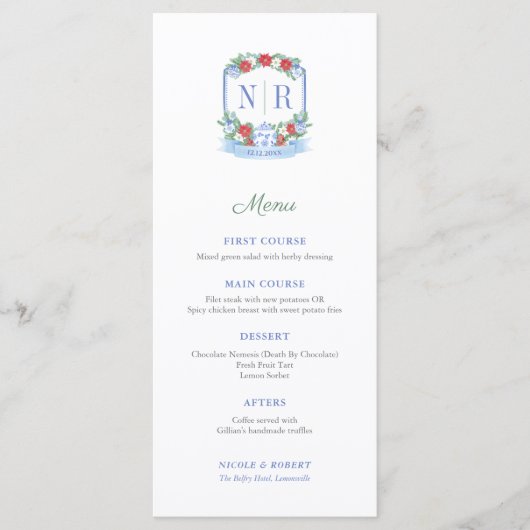Menu Mariage de Noël Monogramme Noms des lieux individu (Devant)