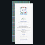 Menu Mariage de Noël Monogramme Noms des lieux individu<br><div class="desc">Cette élégante décoration de menu rouge bleu et vert Vacances présente mes propres illustrations aquarelles (la crête et la bannière aquarelle). Montré ici pour un dîner de Mariage / répétition.</div>