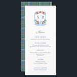 Menu Mariage de Noël Monogramme Noms des lieux individu<br><div class="desc">Cette élégante décoration de menu rouge bleu et vert Vacances présente mes propres illustrations aquarelles (la crête et la bannière aquarelle). Montré ici pour un dîner de Mariage / répétition.</div>
