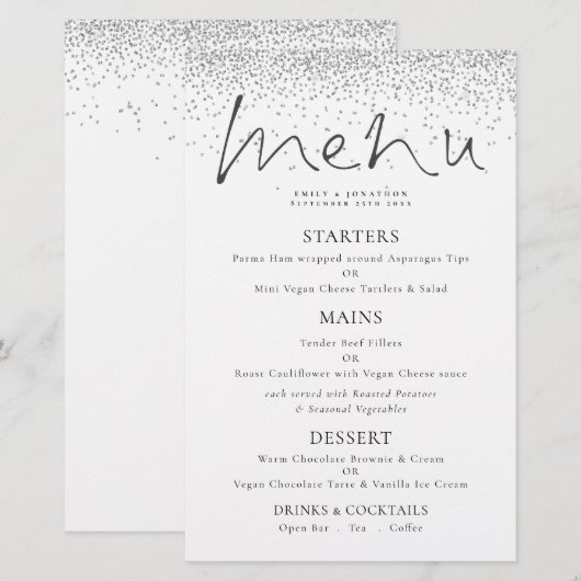 Menu Mariage de Parties scintillant argent de scri (Devant / Derrière)