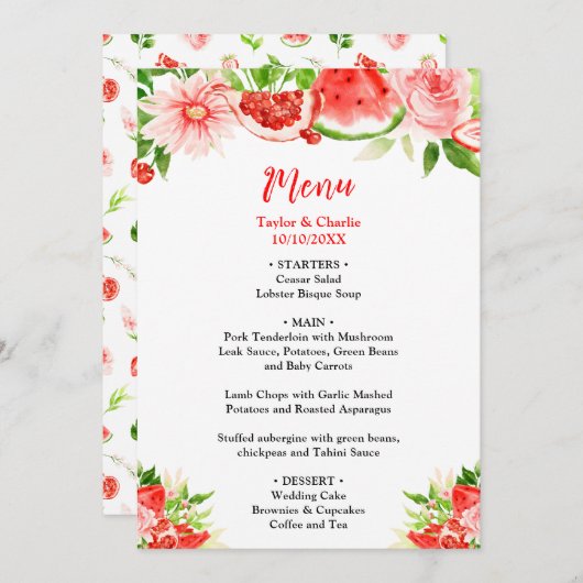 Menu Mariage de pastèque et grenade (Devant / Derrière)