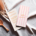 Menu Mariage de Pinstripes colorées peintes à la main<br><div class="desc">Un menu coloré rétro moderne rose et orange et crème écrit. Et des rayures vertes dessinées à la main sur le dos. Parfait et assorti à l'ensemble de la suite. Menu dîner mariage. Ce qui présente un design modèle chic de boho vintage crème arrière - plan et typographie orange.</div>