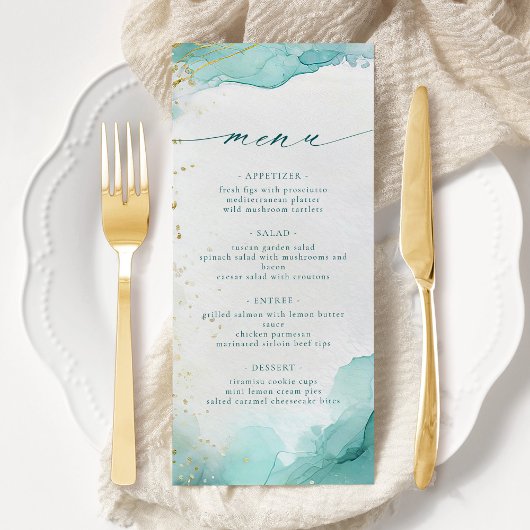 Menu Mariage de plage abstrait sarcelle et or moderne