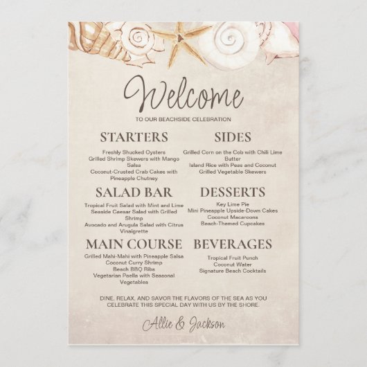 Menu Mariage de plage coquillages sable (Devant)