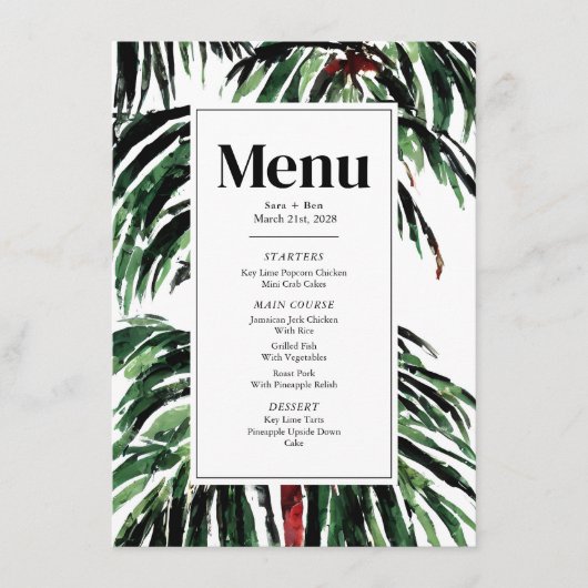 Menu Mariage de plage de palmiers peints moderne (Devant)