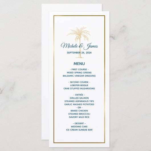 Menu Mariage de plage Tropical Blue Gold Palm Tree (Devant / Derrière)