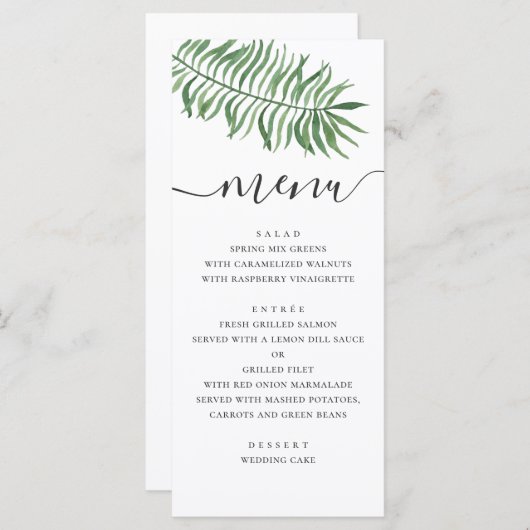 Menu Mariage de plage tropicale aquarelle. Palmier vert (Devant / Derrière)