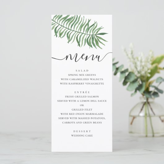 Menu Mariage de plage tropicale aquarelle. Palmier vert (Debout devant)