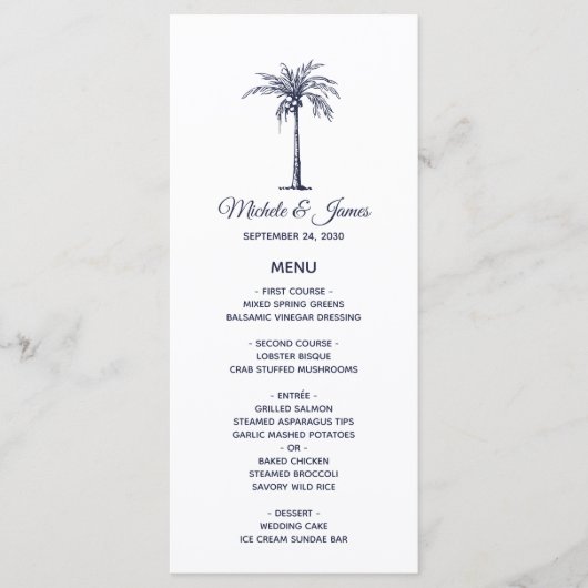 Menu Mariage de plage tropicale avec palmier bleu marin (Devant)