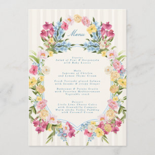 Menu Mariage de printemps à monogramme floral bleu fran