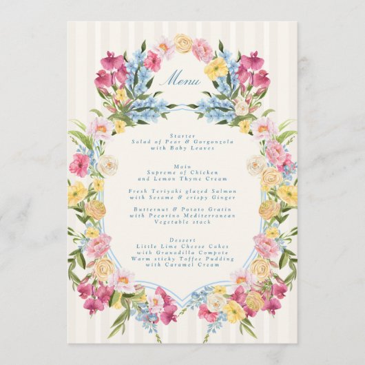 Menu Mariage de printemps à monogramme floral bleu fran (Devant)
