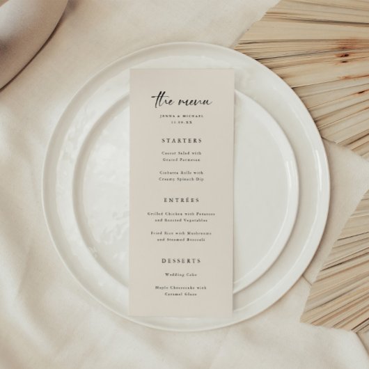 Menu Mariage de script beige minimaliste et élégant