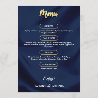 Menu Mariage de script bleu et or minimaliste marine de