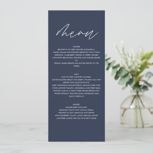 Menu Mariage de script botanique moderne bleu marine (Debout devant)