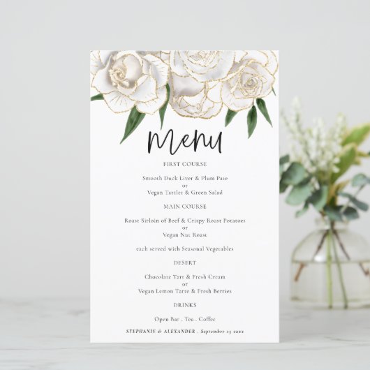 Menu Mariage de script Budget White Gold Florals (Debout devant)