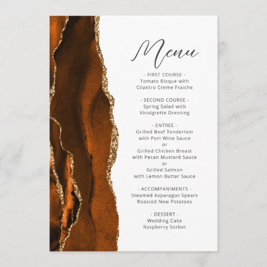 Menu Mariage de script d'agate or orange brûlé (Devant)