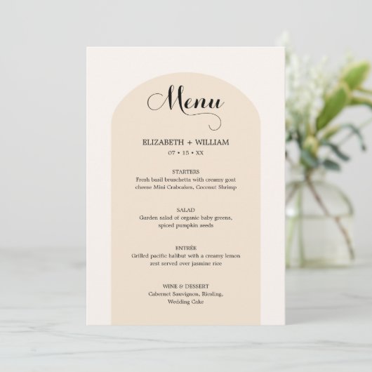 Menu Mariage de script de cadre en arche beige de sable (Debout devant)