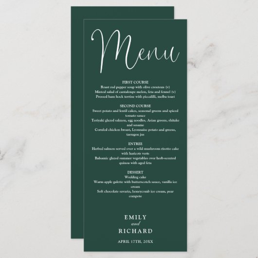 Menu Mariage de script de calligraphie Emerald Green (Devant / Derrière)