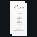 Menu Mariage de script de calligraphie noir blanc délic<br><div class="desc">Cette carte de menu mariage moderne en noir et blanc présente une calligraphie moderne et délicate et une typographie simple pour votre menu mariage. Parfait pour un mariage moderne mais classique ou autre événement, mariage avec un thème noir et blanc ou mariage élégant. À l'arrière, vous avez la place pour...</div>