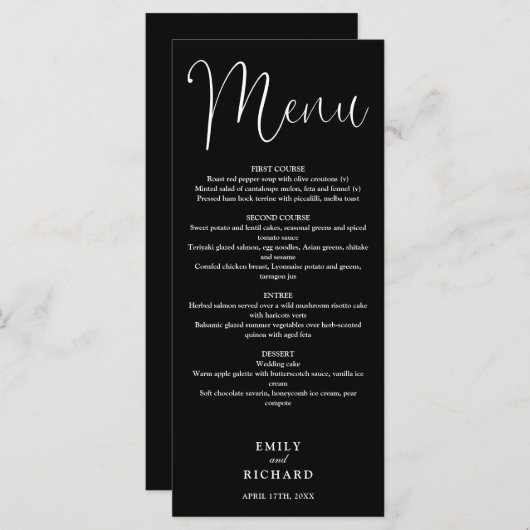 Menu Mariage de script de calligraphie noir et blanc (Devant / Derrière)