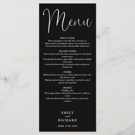 Menu Mariage de script de calligraphie noir et blanc (Devant)