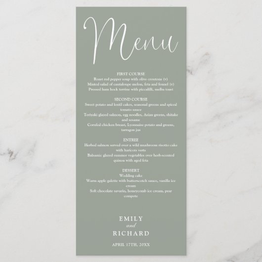 Menu Mariage de script de calligraphie verte Sage (Devant)