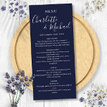 Menu Mariage de script de signature élégant bleu marine<br><div class="desc">Simple carte de menu mariage marine moderne avec des noms de style signature,  cette carte de menu élégante peut être personnalisée avec vos détails en lettres blanches. Conçu par Thisisnotme©</div>