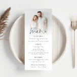 Menu Mariage de script de superposition de photo modern<br><div class="desc">Menu Mariage de script de retouche photo moderne. Une typographie informelle en noir pour le titre principal Menu complétant le reste du texte que vous pouvez facilement personnaliser. Remplacez l'exemple de photo par votre préféré.</div>