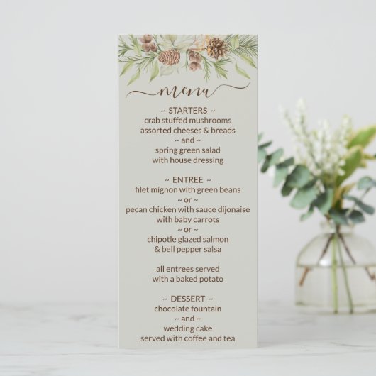 Menu Mariage de script élégant beige d'hiver (Debout devant)