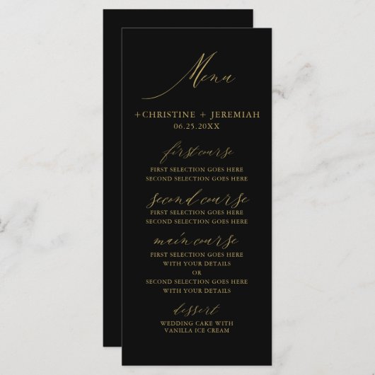 Menu Mariage de script élégant Black Gold moderne (Devant / Derrière)
