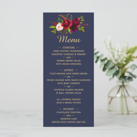 Menu Mariage de script Floral bleu Bourgogne de la mari (Debout devant)