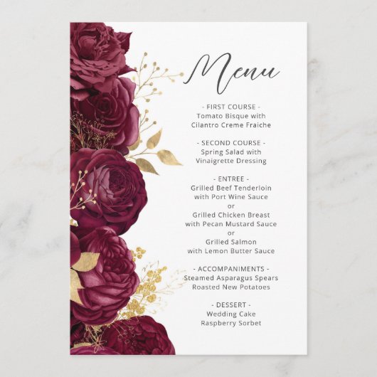 Menu Mariage de script Floral Or Bourgogne (Devant)