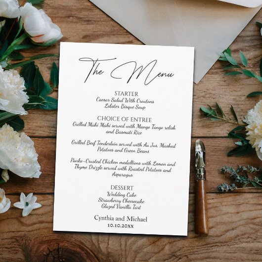 Menu Mariage de script manuscrit