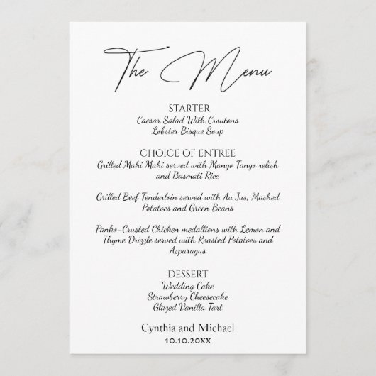 Menu Mariage de script manuscrit (Devant)