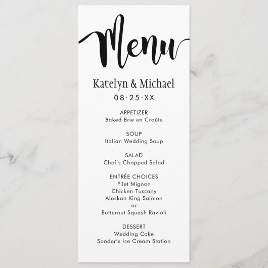 Menu Mariage de script manuscrit noir moderne (Devant)
