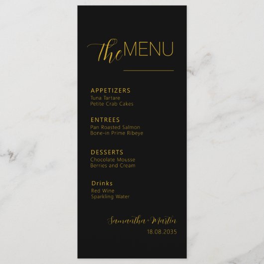 Menu Mariage de script minimal Gold noir (Devant)