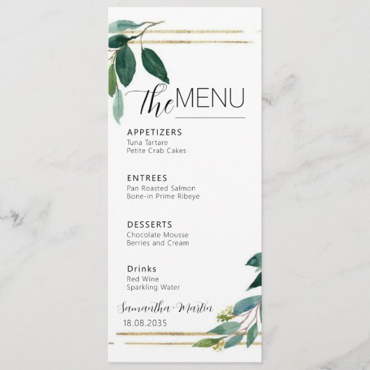 Menu Mariage de script minimal verdure (Devant)