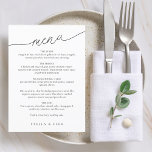 Menu Mariage de script minimaliste moderne<br><div class="desc">Le menu mariage moderne et simple propose un "menu" de script moderne dans un ange avec une police serif classique. Vous apprécierez le look épuré minimaliste noir et blanc.</div>