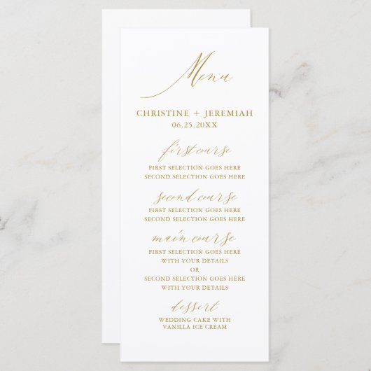 Menu Mariage de script moderne blanc or élégant (Devant / Derrière)