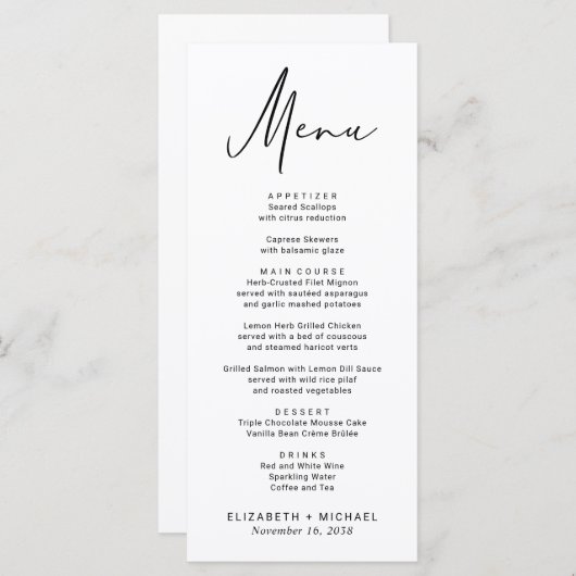 Menu Mariage de script moderne chic (Devant / Derrière)